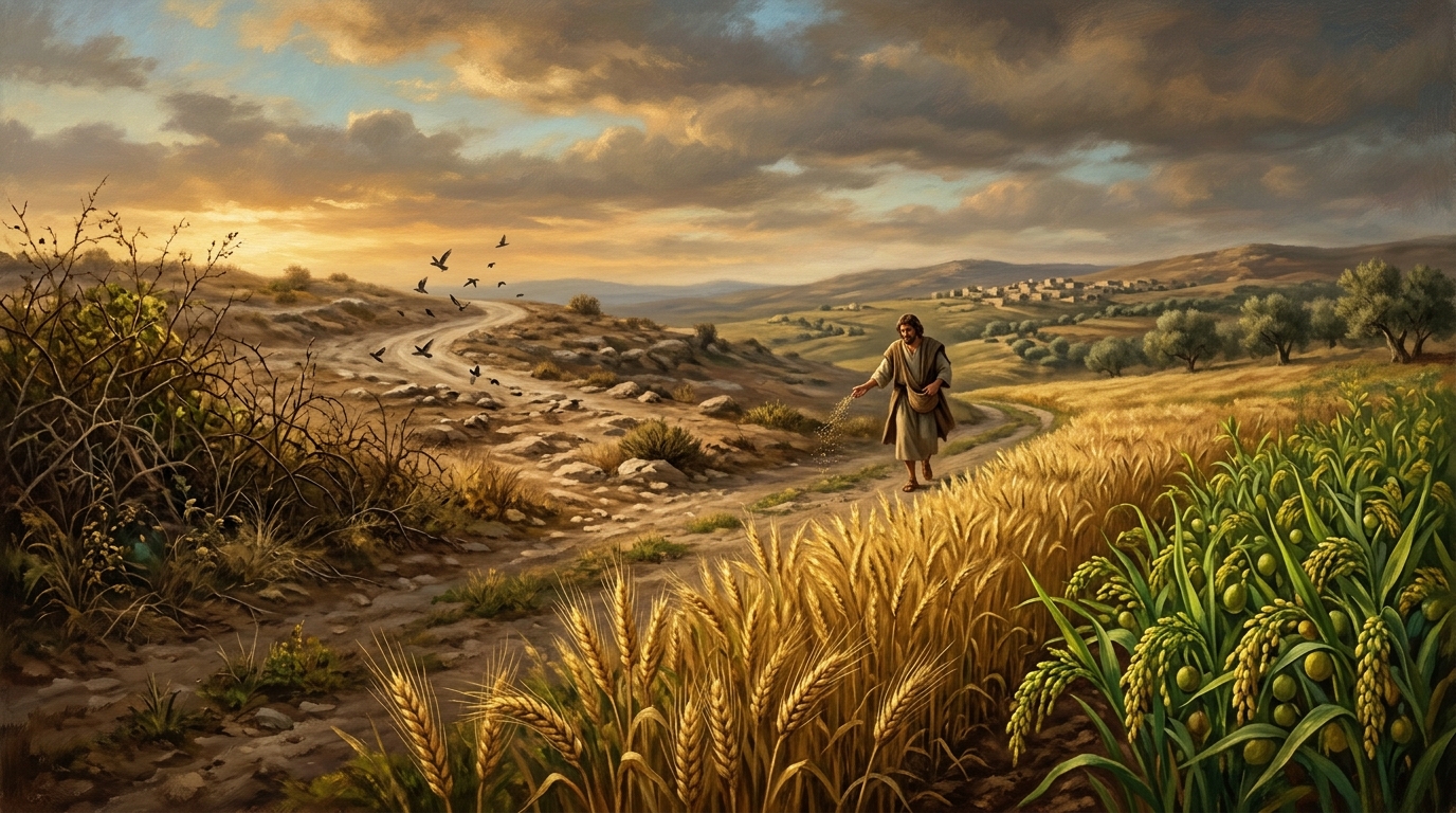 The landscape of the sower: rocky terrain in the background, fertile cultivated ground in the foreground